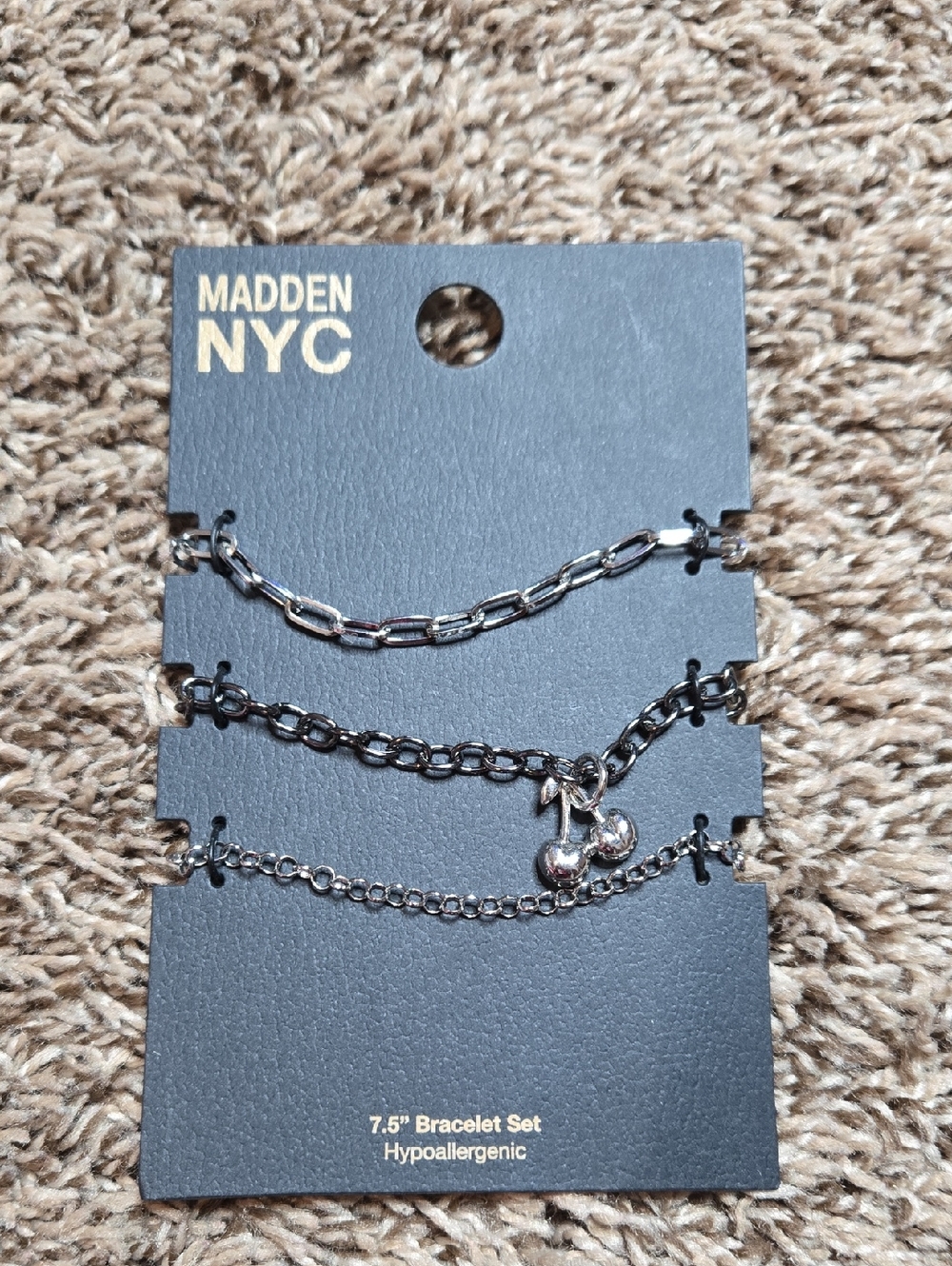 Madden NYC 3 PC Hypoallergenic Cherry 7.5" Bracelet Set Silver Black Jewelry